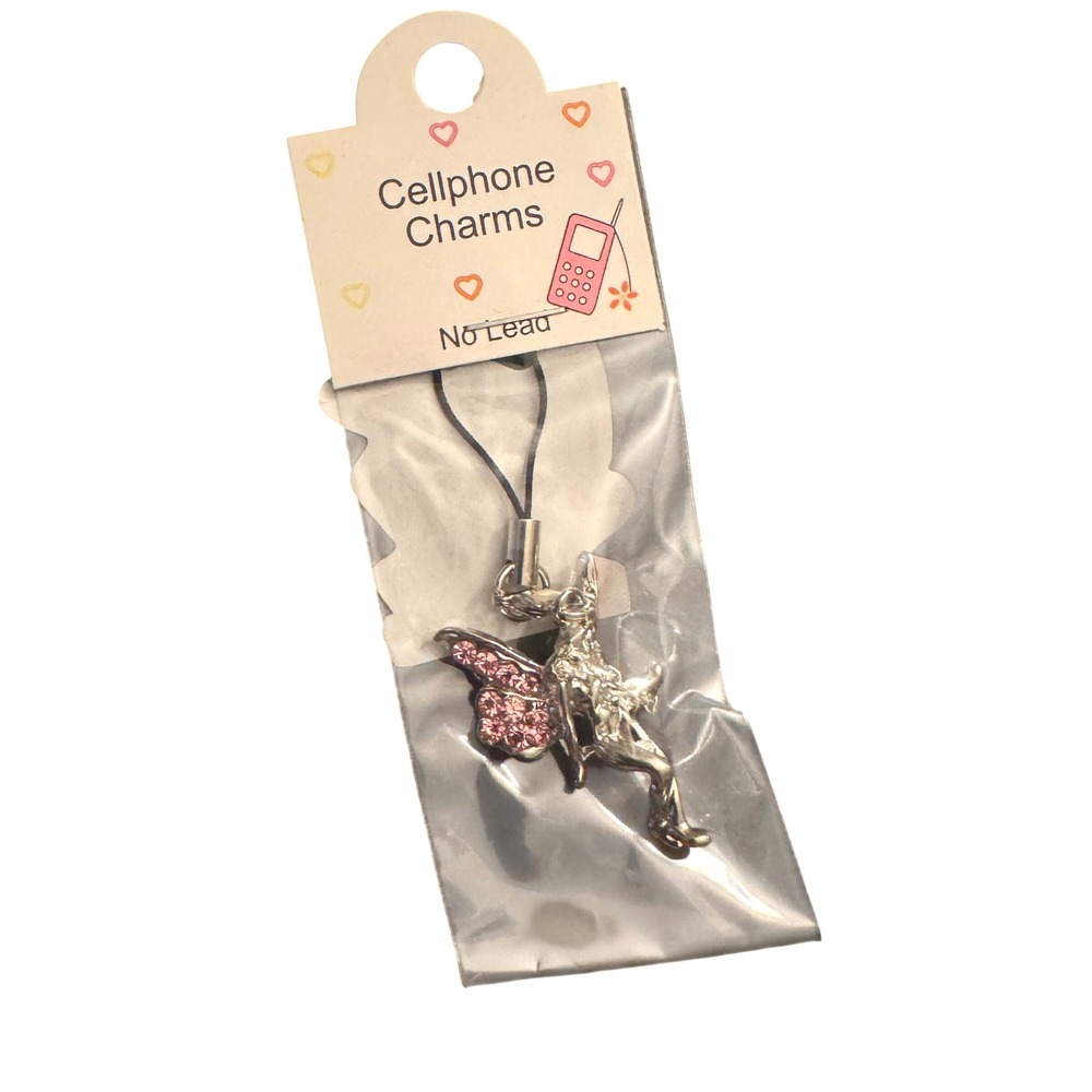 NWT Silver Fairy Cellphone Charm Pink Rhinestone Wings Y2K Phone Strap Accessory